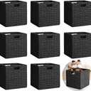 8 Pack 11.8 Inch Wicker Storage Cubes, Hand Woven Paper Rope Wicker Storage Baskets, Foldable Cube Storage Bins Organizer Square Shelf Baskets Pantry Organizing & Decor (Black)