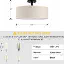 3 Light 15" Off White Fabric Black Farmhouse Semi Flush Mount Light