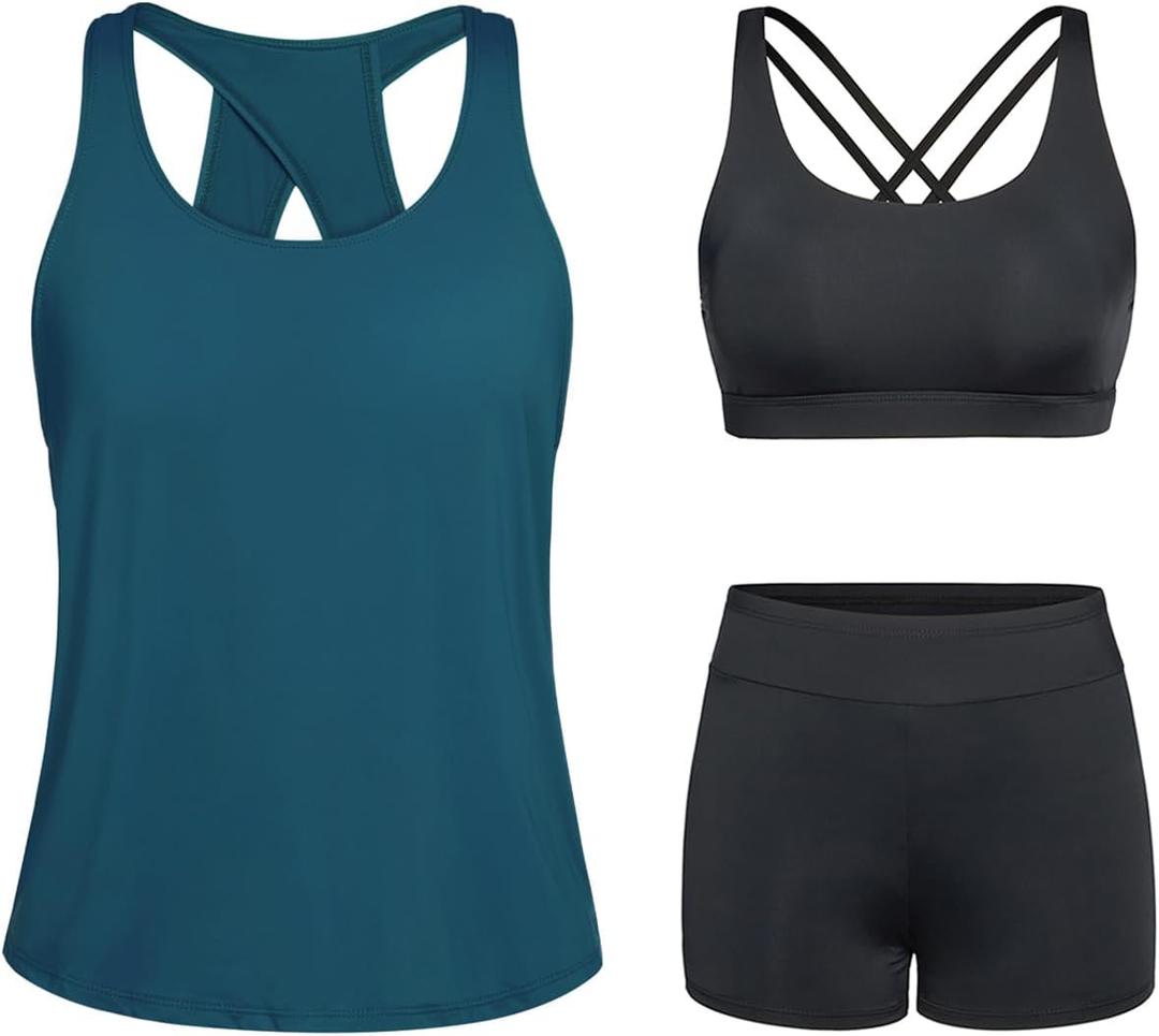 Tempt Me 3 Piece Tankini Swimsuits for Women Athletic Bathing Suits Swim Tank Top with Boy Shorts and Bra Modest Swimwear (M, Blue Green)