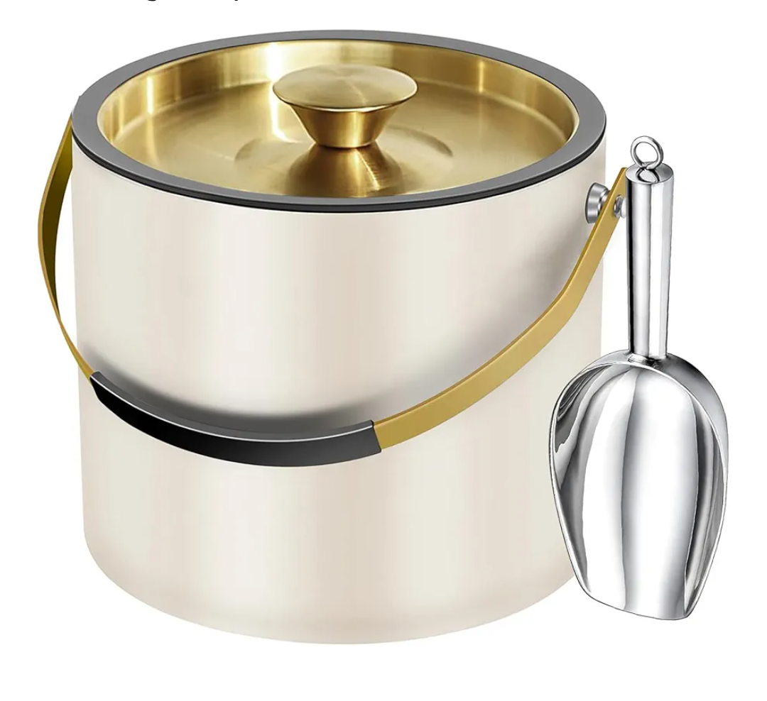 3.2L Modern Insulated Ice Bucket with Silicone Lid, Scoop, Strainer, Double Wall Stainless Steel Ice Bucket for Parties & Cocktail Bar,Ideal for Gift(Pearl White)