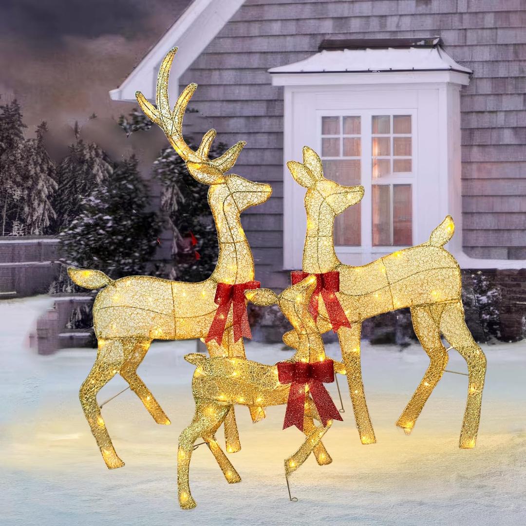 Light Up Outdoor Christmas Reindeer Family Decor, Handmade Deer Set of 3, Plug and Play, Metal Frame, Safe Waterproof Material, Perfect for Vintage Christmas Home Tree Garden Decoration, Gold, 15-20 inches