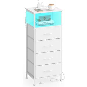 SONGMICS BELLAH Collection - Nightstand with Charging Station and App-Controlled Adjustable LED Lights, Bed Side Table, 4 Drawer and 1 Open Shelf, Bedroom, Cloud White and Snow White ULGS304WH01S