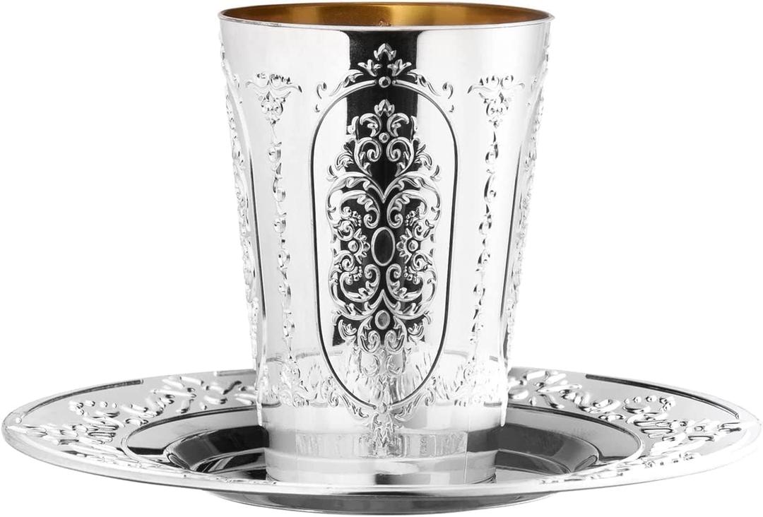 Premium Regal Disposable Passover Kiddush Cups with Trays, 5.5oz (5 Count) | Elegant Silver-Colored Bechers | Heavy Weight | Perfect for Seder Table & Sabbath Getaways