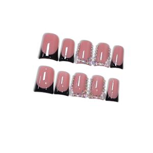 10pcs French Glam Press on Nails with Tools Kit, Short Duckbill Glossy Black French Tips, Rhinestones & 3D Flower Designs, Reusable & Easy Apply for Parties & Special Events (Size M) (#588)