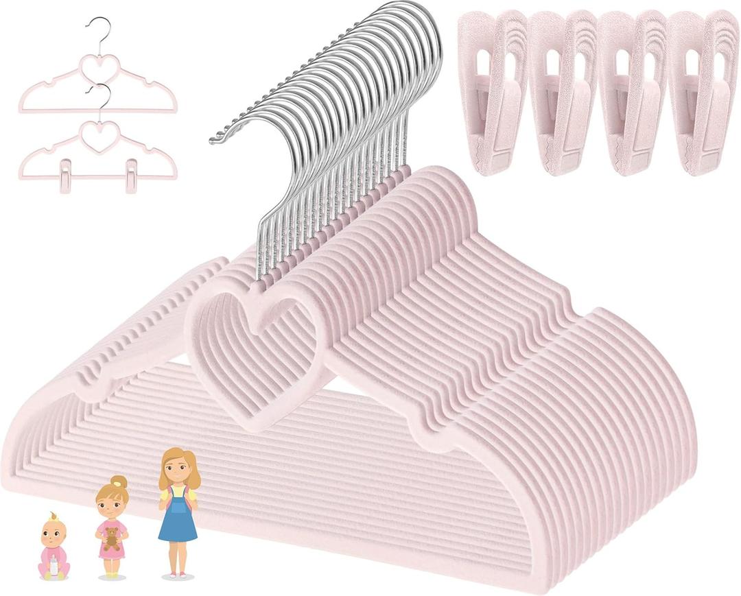 Kids Pink Velvet Clips Hangers  13inch 50 Pack Baby Hanger with 20pcs Movable Clips, Stackable NonSlip Heart Flocked Hangers Fit for Children and Toddler, HeavyDuty and SpaceSaving(Silver)