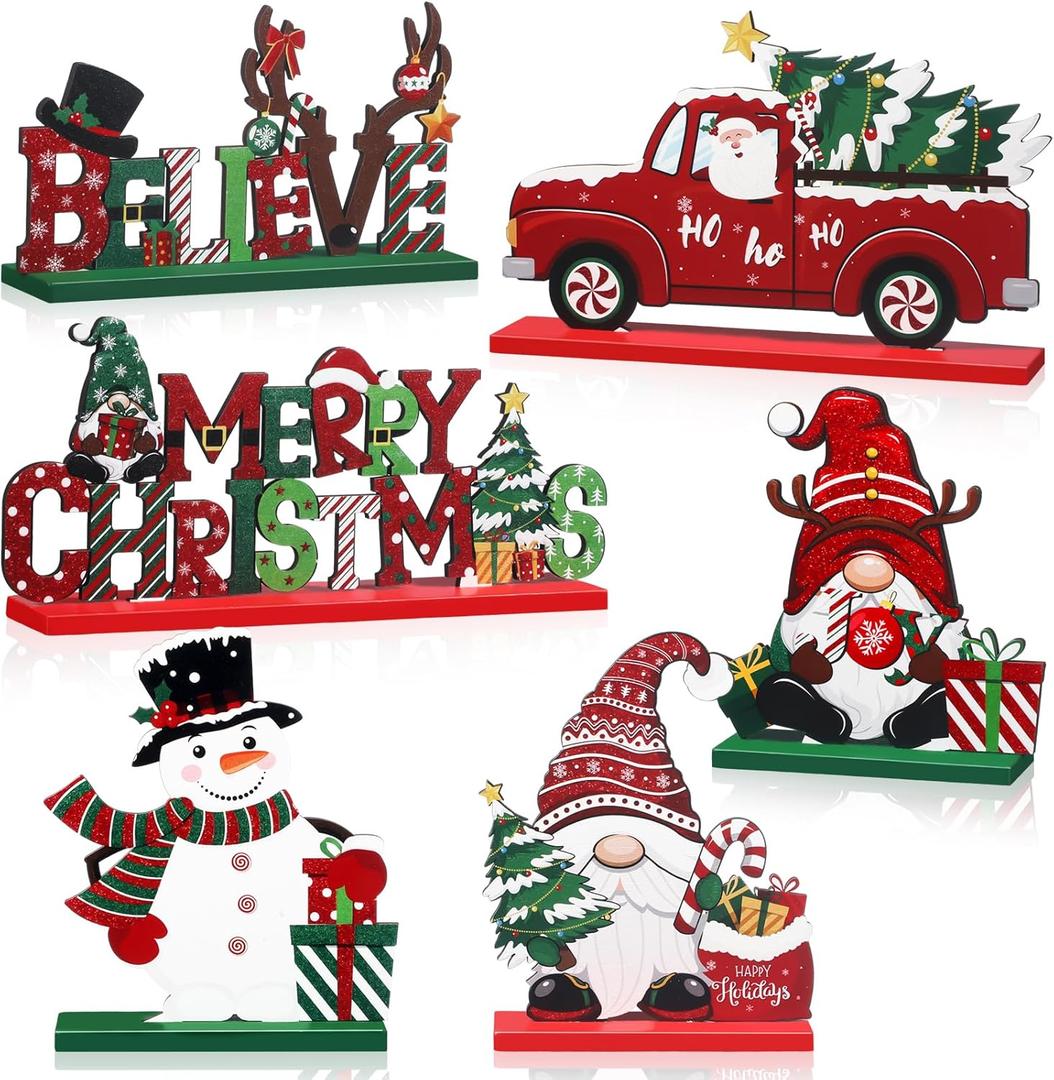 Capoda 6 Pcs Christmas Table Decorations Wooden Christmas Table Centerpieces Xmas Snowman Santa Claus Gnome Signs Merry Xmas Toppers for Holiday Party Supplies(Red, White)