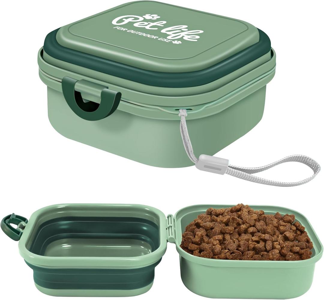 Collapsible Dog Bowls, Travel Water Bowl for Dogs, 2-in-1 Portable Food and Water Feeder - Travel Dog Bowls with Lid for Walking, Traveling, Camping and Hiking (Green)