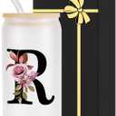 Monogrammed Glass Drinking Cup With Lid Straw Women Happy Birthday Christmas Xmas Day Holiday for Female Teacher Aunt Big Small Sister in Law Mother Stepmother Weding Groom Bride Officiant Gift,R