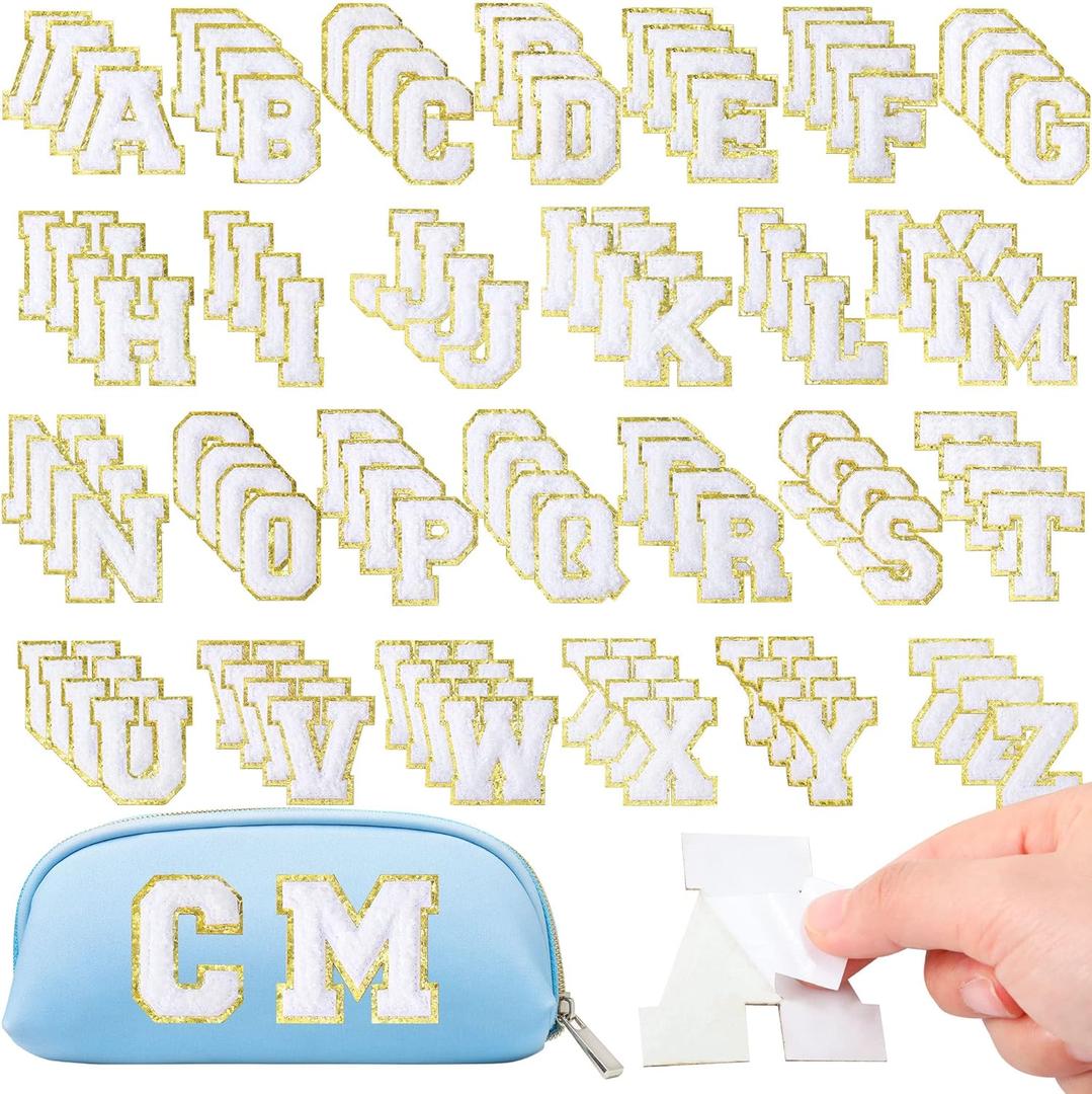 Yilloog 104 Pcs Self Adhesive Chenille Letter Patches Dupes Glitter Chenille Letter Patches Initial for Clothing DIY Mobile Phone Backpacks Hat(White)