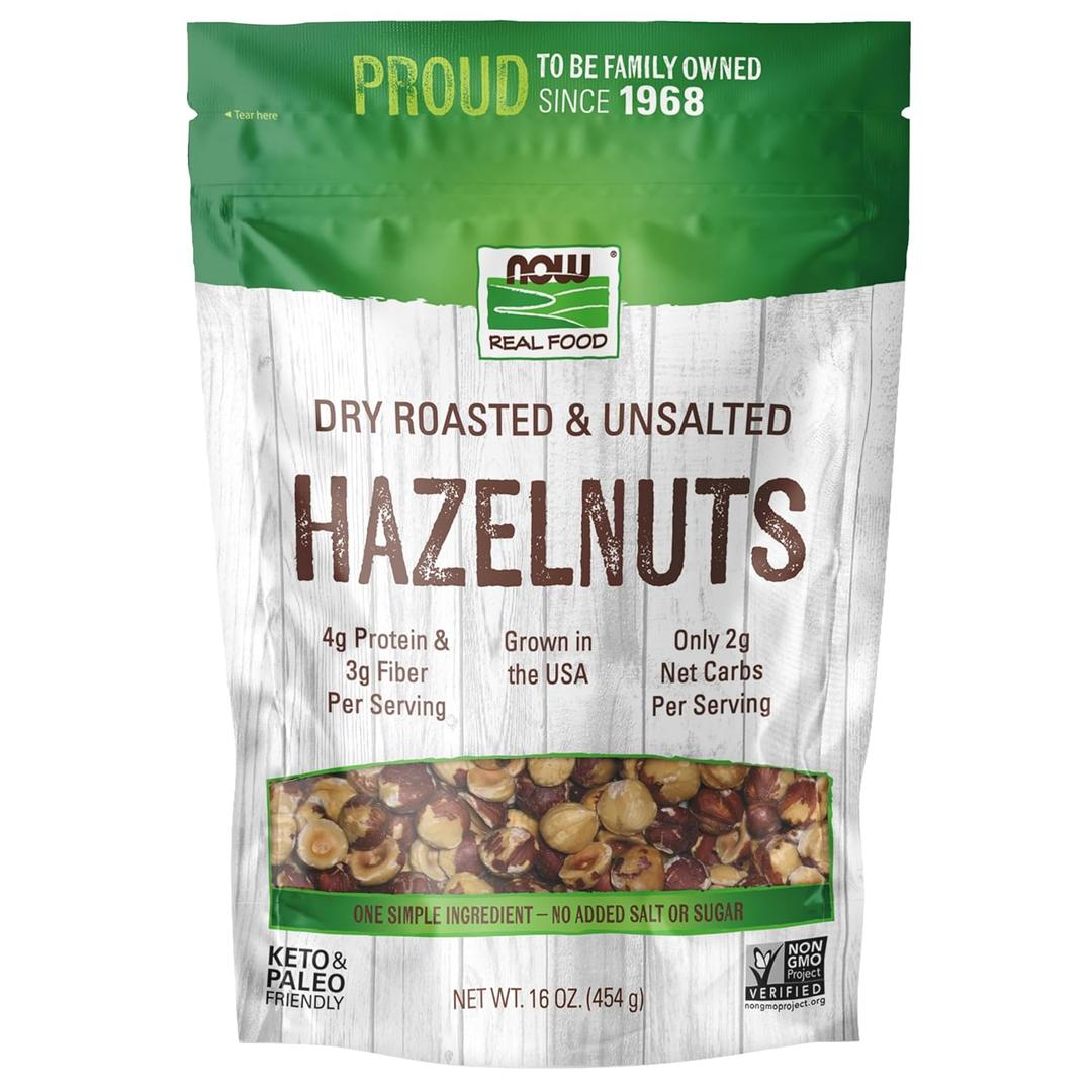 NOW Foods, Real Food, Dry Roasted & Unsalted Hazlenuts, Non-GMO, Vegan, Grown in the USA, 16 oz (454 g), EXP 11/2026