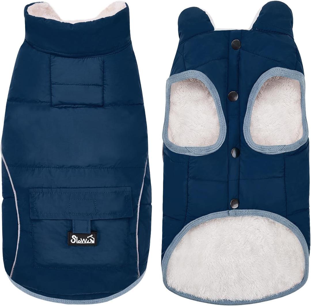 SlowTon Dog Coat - Warm Dog Winter Coat Waterproof, Reflective Winter Jacket with Pocket, Puppy Fleece Vest Pet Apparel Cold Weather Clothes for Small Medium Large Dogs Boy Girl (Navy, L) (Large (Chest: 20.1"))