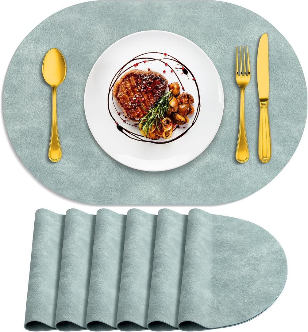 ADRIMER Placemats, Heat Resistant Oval Placemats Set of 6 Washable 12 x 17 Inch, Waterproof Table Mats, Wipeable Pu Place Mats for Kitchen, Dining Room, Light Blue