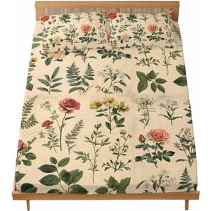 Bedding Queen Size Fitted Sheets Fit 5"-16" Deep Pocket Mattress,Retro Blossom Flower Green Leaves Soft Bottom Sheet Botanical Plant on Beige Fitted Sheet Bed Set with Pillow Case,No Top Sheet (Khaki)