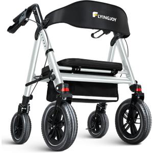 Rollator Walker with Seat,12" Front Wheels 10" Rear Rolling Walker, Extra-Wide Heavy-Duty Rollator Walker with Seat and Brakes for Seniors and Adults Bariatric with Large Aluminum (Blue)