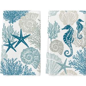 Artoid Mode Starfish Seahorses Coral Summer Kitchen Towels Dish Towels, 18x26 Inch Seasonal Summer Decoration Hand Towels Set of 2