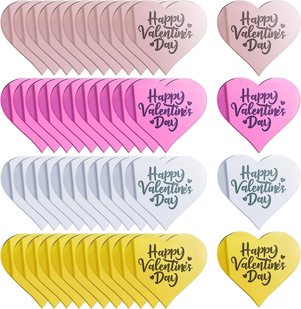 Geelin 48 Pcs Happy Valentine's Day Cupcake Toppers Valentines Acrylic Cake Disc Mirror Heart Cake Topper Engraved Valentines Topper Pick Cupcake Decoration for Valentine Wedding Gift Party Supplies