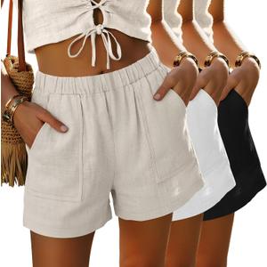 3 Pack Women's Linen Shorts | Elastic Waist, Lightweight, Beach Shorts, with Side Pockets, Casual Summer, Daily Wear,Vacation (Black, L)