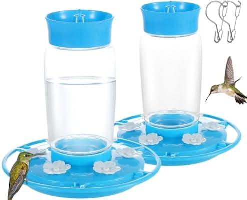 2-Pack Blue Plastic Hummingbird Feeder - 22oz Leakproof Outdoor Feeder, 6 Bee-Proof Ports with Ant Moat, Wide Mouth Easy Clean, Hanging Hook for Trees, Decks