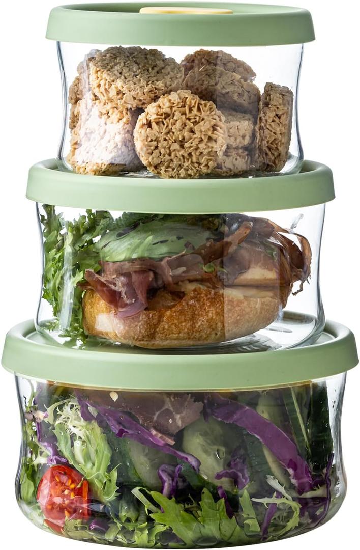 Glass Food Storage Containers Set,with Lids, Leak-Proof Meal Prep Containers,for Storage soups and leftovers - BPA Free,Microwave, Dishwasher, Freezer Safe (Green 3PCS)