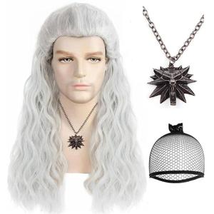 BESTBEL +Hair Cap 1 Necklace Long Curly Silver Wig Gray White Wigs with Accessories for Men Halloween Party Costume Cosplay