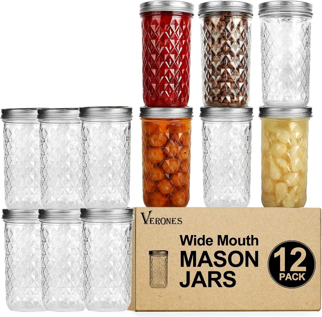 VERONES Wide Mouth Mason Jars 22oz, 12 Pack 22 oz Wide Mouth Mason Jars with Lids and Bands, Ideal for Jam, Honey, Wedding Favors, Shower Favors VERONES Wide Mouth Mason Jars 22oz, 12 Pack 22 oz Wide Mouth Mason Jars with Lids and Bands, Ideal for Jam, Honey, Wedding Favors, Shower Favors