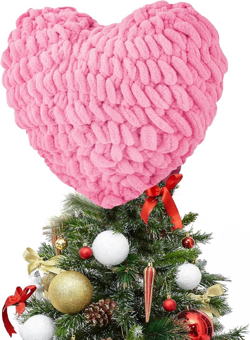 9 Inch Valentine's Day Heart Tree Topper, Valentine's Day Knitted Crochet Heart Tree Topper Ornaments, Pink Valentine Knitted Heart Ornament for Valentines Day Wedding Anniversary Party Supplies
