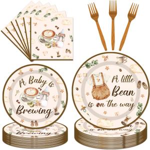 96Pcs Coffee Theme Baby Shower Tableware Set - Coffee A Baby Is Brewing Paper Plates Napkins Forks A litte Bean Is On The Way Gender Reveal Party Supplies Serve 24 Guests