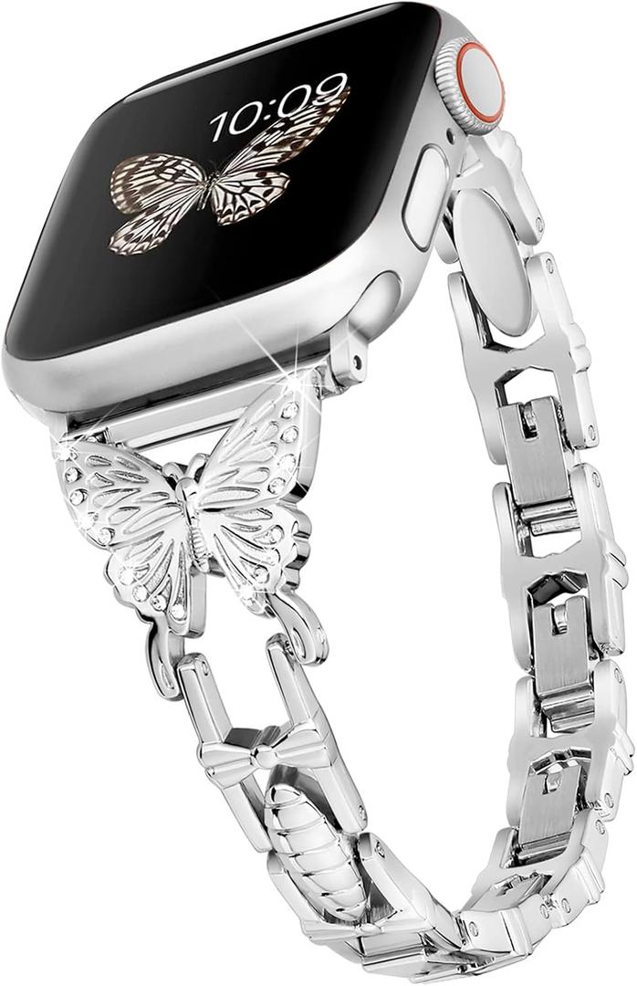 wipalor Butterfly Band for Bling Apple Watch Bands 42mm 41mm 40mm 38mm for Women, Metal Dressy iWatch Bands for Women, Designer Cute Strap for Apple Watch Band Series 11 10 9 SE 8 7 6 5 4 3-Silver