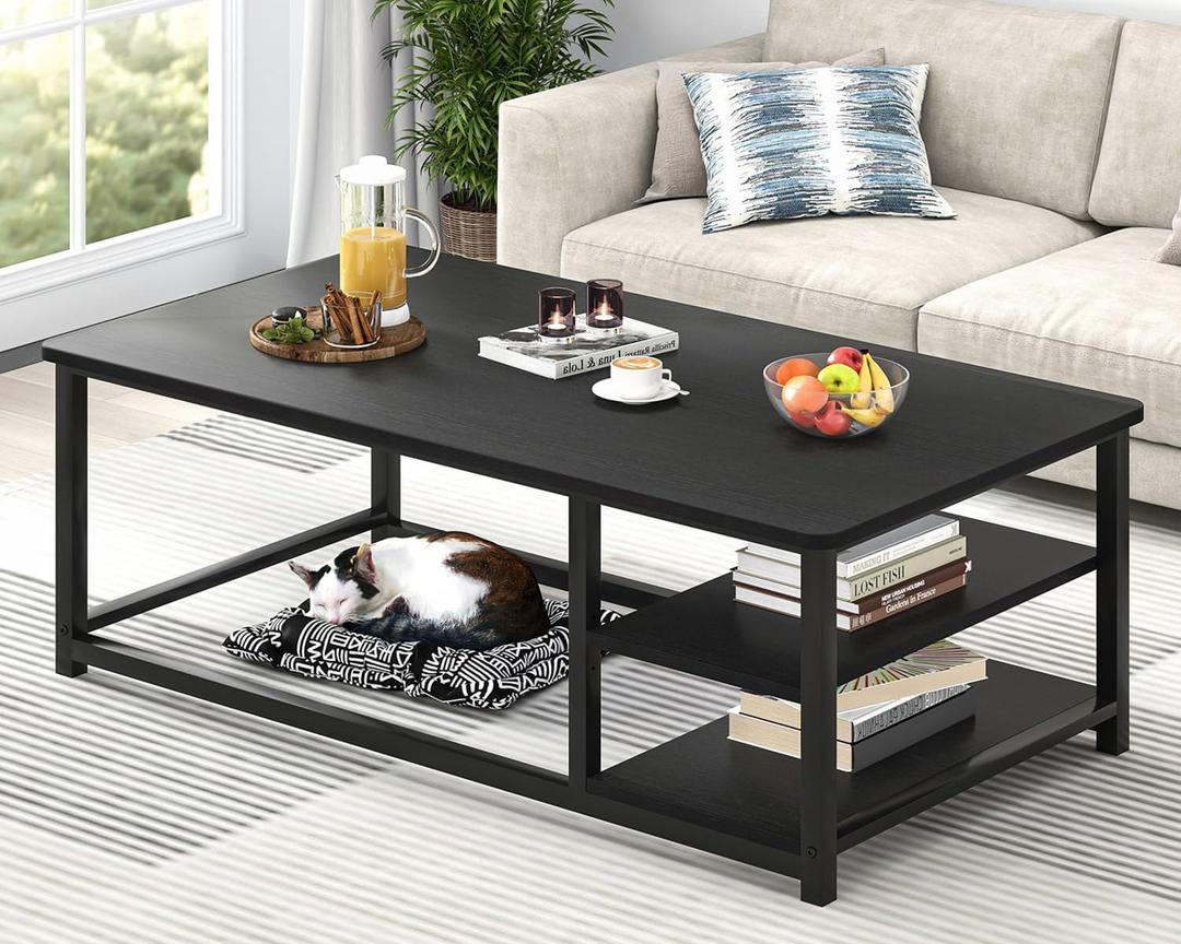 Black Coffee Table, Rustic Wood Living Room Table with Storage Shelf, Modern Rectangle Center Table, 47 Inch