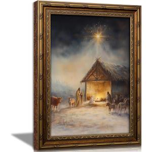 Vintage Nativity Scene Gold Framed Wall Art Birth of Jesus Christmas Christian Painting Canvas Prints Mary Joseph Holy Family Picture Star of Bethlehem Poster Artwork for Church Prayer Room, 16x24in