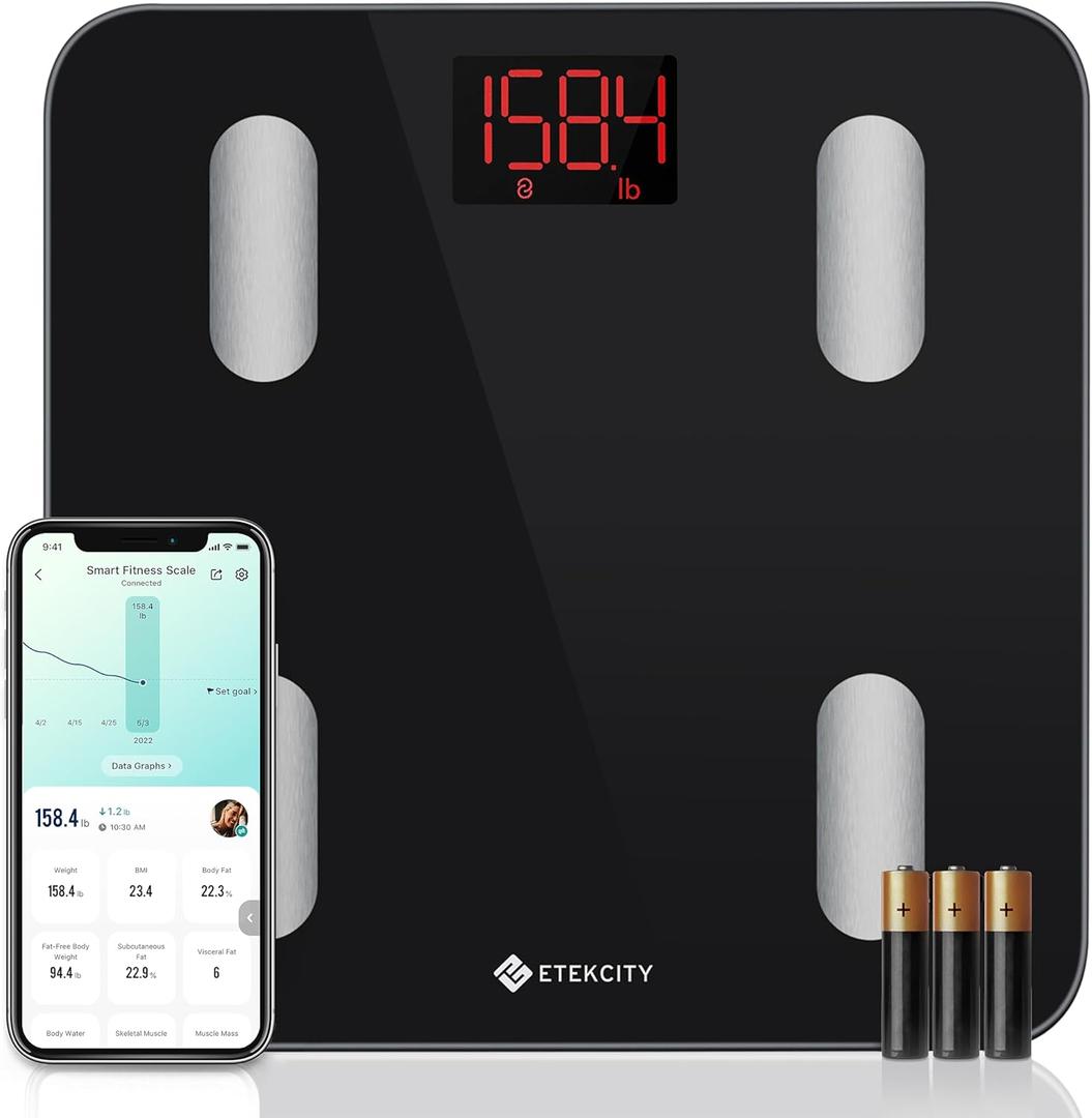 Etekcity Scales for Body Weight, Bathroom Digital Weight Scale Fat, Smart Bluetooth BMI, and Loss, Sync 13 Data with Other Fitness Apps, Black, 11x11 Inch