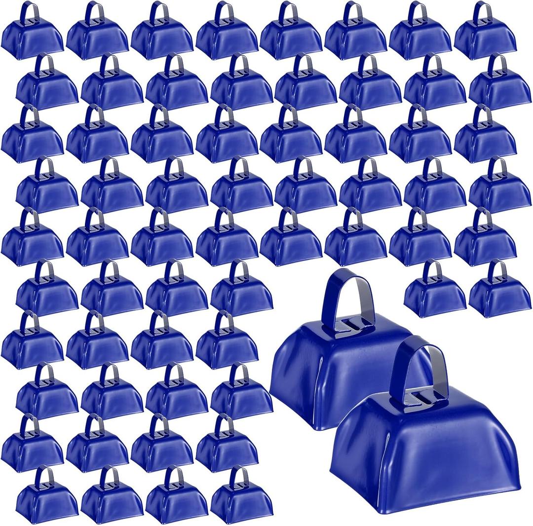 Boao 72 Pcs Metal Cowbells with Handle CowBells Noise Makers Small Call Bells for Christmas Decorations Ornament Football Games Sporting Events Wedding Party Sports, 3 x 2.8 x 2.5 Inch(Blue)