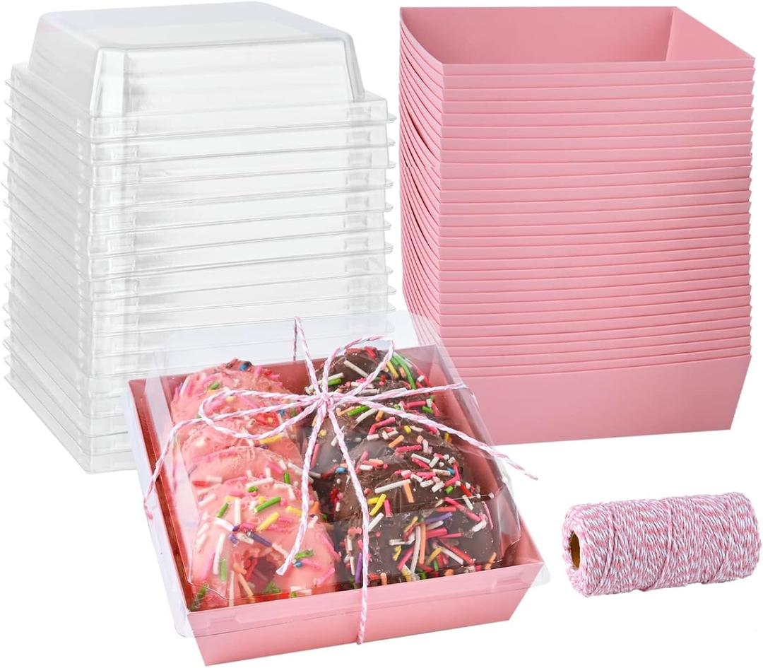 50 Pack 5 Inch Pink Paper Charcuterie Boxes with Clear Lids, Square To Go Cake Slice Containers Small Bakery Boxes for Dessert, Cookies, Sandwich, Strawberries