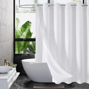 MitoVilla No Hooks Required Extra Long Shower Curtain Liner Set, 86 inch XL White Waffle Heavyweight Fabric Cloth Shower Curtains Set with Snap-in Liner for Modern Luxury Hotel & Spa Bathroom Decor