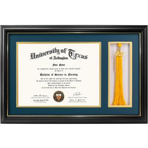 GraduationMall 11x17 Black Wood Diploma Frame with Tassel Holder for 8.5x11 Certificate Document,Real Glass,Navy Blue over Gold Mat