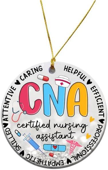 CNA Christmas Ornament 2025 - Printed on 2 Sides, Round Ceramic 3", Certified Nurse Assistant Appreciation Gifts Bulk for Women Men, CNA Christmas Gifts Gift for Nursing Aide Home Office Dcor
