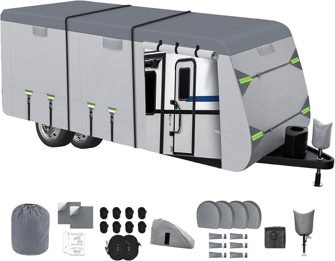 8-Layer Thickened RV Cover, 20-22ft Ultra Windproof & Tear Resistant Travel Trailer Cover, All-Weather Camper Cover with 8 Vents & 8+2 Extra Long Windproof Ropes, and Complete Kit