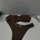 ZAFUL Women's Bandeau Tie Spaghetti Strap Bikini Textured O Ring Ruched High Leg Swimsuit Cheeky Bathing Suits (Brown, S)