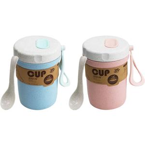LZYMSZ 2PCS Wheat Straw Soup Cup, 300ml Portable Microwaveable Breakfast Cup, 2 Colors Porridge Lunch Box with Spoon for Office Outdoor Travel (Blue and Pink)