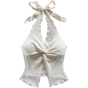 MakeMeChic Women's Backless Halter Top Twist Deep V Neck Sexy Cute Summer Tank Top (Large, Beige)