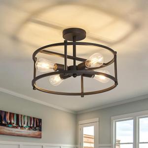Industrial Semi Flush Mount Ceiling Light,4 Light Rustic Metal Ceiling Light Fixture,Black Farmhouse Chandelier for Kitchen Island Dining Room Hallway Entryway Bedroom Living Room