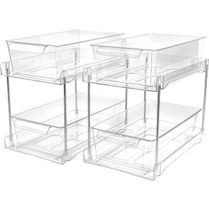 2Pack 2-Tier Bathroom Storage Organizer, Clear Under Sink Organizers Kitchen Vanity Counter Storage Container, Medicine Cabinet Drawers Bins, Pull-Out Organization with Track for Pantry