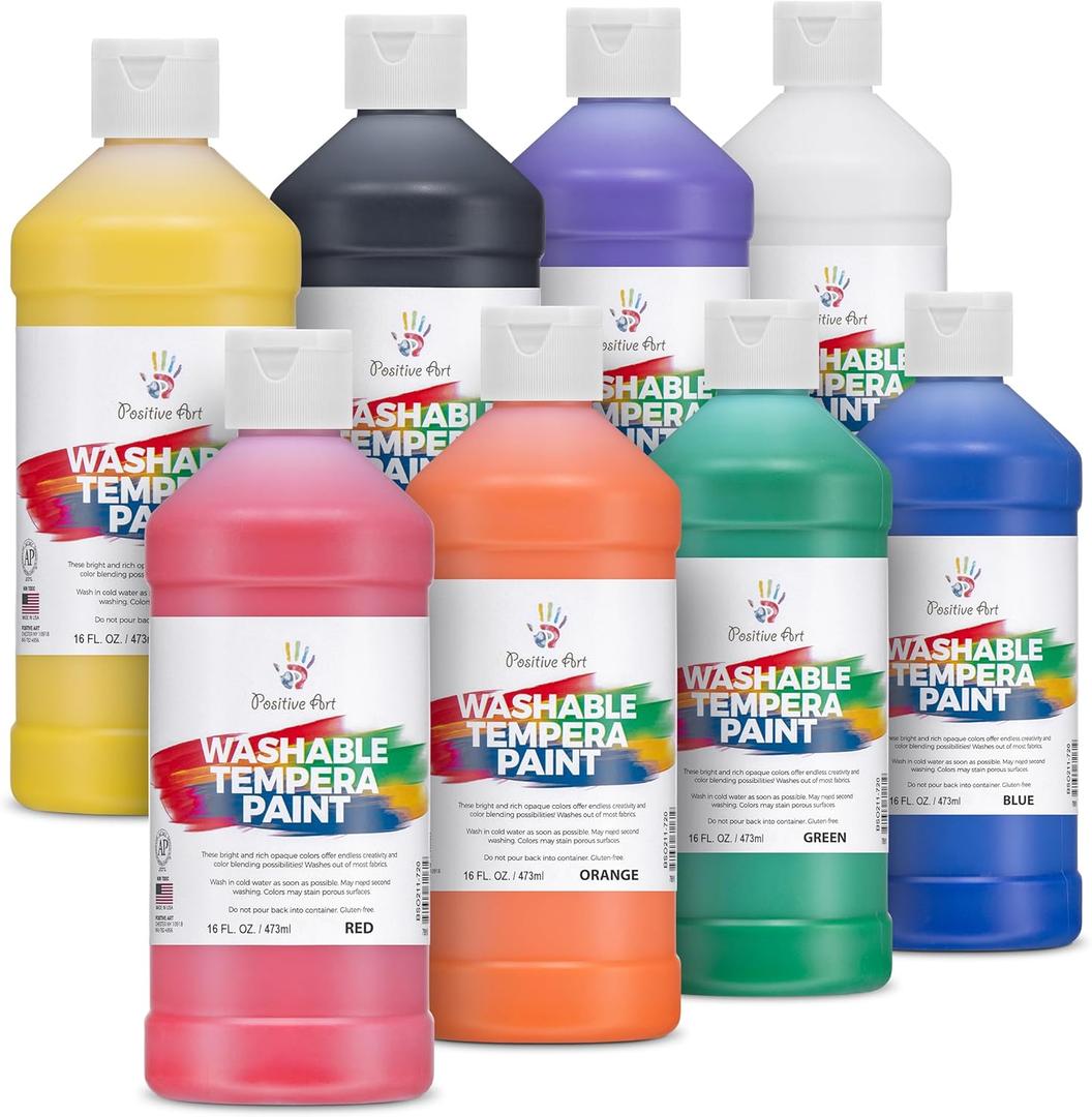 Positive Art Washable Paint for Kids, (8 Colors 16 Oz Each) Washable Tempera Paint, Bulk Paint for Schools, Classroom Student Paint, Non-Toxic Kids Paint Set Finger Paint - 8 Pack