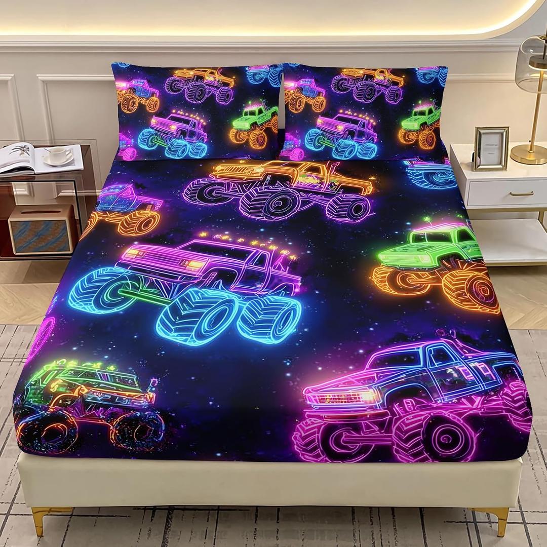 AILONEN Monster Truck Fitted Sheet Set Twin Size,Cartoon Neon Truck Kids Bedding Set 3-Piece,Galaxy Themed Colorful Fitted Sheet with 2 Pillowcases