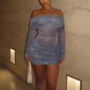 Uni Clau Women Sexy Off Shoulder Sparkly Mini Dresses Long Sleeve Bodycon Ruched Y2K Dress Mesh Birthday Party Club Dress (Gray, XS)