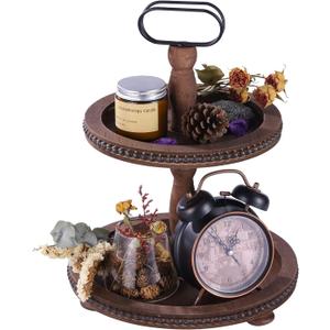Urban Deco Wooden Decorative Tray Two Tiered Tray Decorations Round Serving Tray with Metal Handle, Wooden Cupcake Stand for Party Tiered Dessert Stand - Dark Brown Farmhouse Wood Tray
