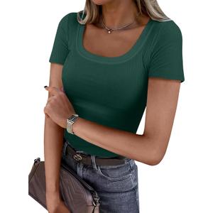 ANRABESS Women Short Sleeve Tops Scoop Neck Ribbed Knit Slim Fitted Basic Tee Shirt Casual Summer Clothes 2026 Spring Outfits (Green, M)