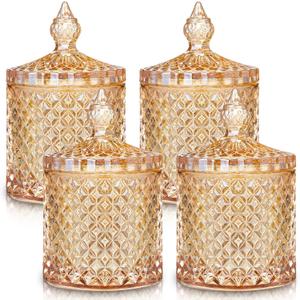Aoriher 4 Pcs Crystal Glass Candy Jar Set with Lids Home Decorative Storage Jars for Apothecary, Bathroom, Kitchen, and Pantry, Ideal for Cotton Swabs and Jewelry(Medium,Amber)