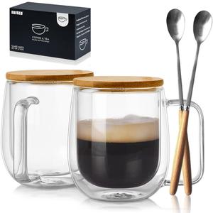 Mugs 12 oz Glass Espresso Cup with Lids Spoon - Double Wall Insulated Clear Coffee Mugs With Handle & Suspended Base Design - Thick Expresso Coffee Cups For Americano, Lattes, Tea (Set of 2,Gift Box)