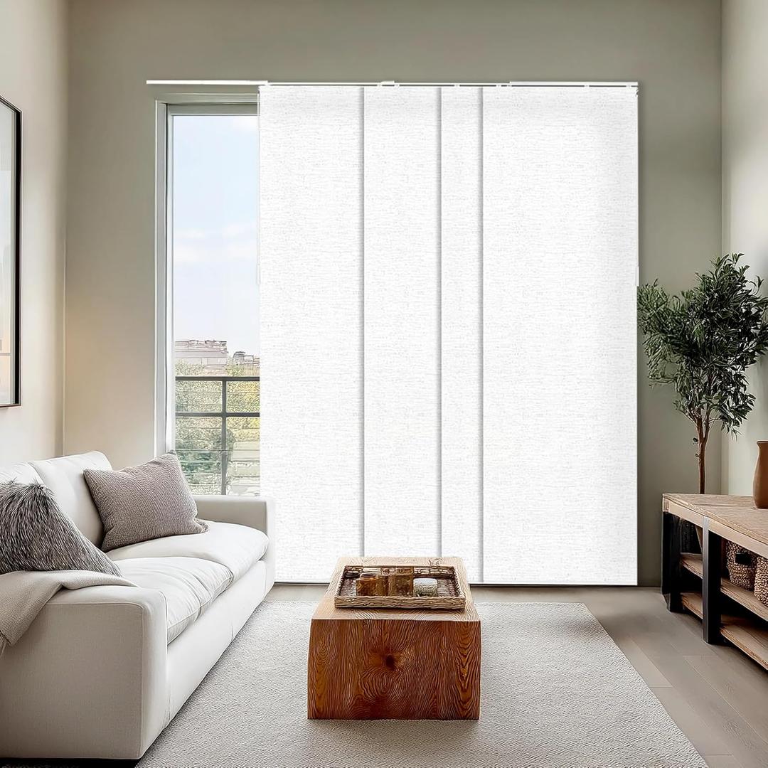 CHICOLOGY Panel Track Blinds for Sliding Glass Doors, 4 Panel Sliding Panels, Adjustable Track 46-86" W, Trimmable Height Up to 96" H, Light Filtering Privacy Room Divider, Chalk White